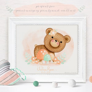 May include: A watercolor illustration of a brown bear with a flower crown, sitting on a mushroom. The bear is surrounded by pink and green flowers. The text "Julia Rose" and "03.05.2020" is written below the bear. The text "Ollie's Friends" is written in the bottom right corner.