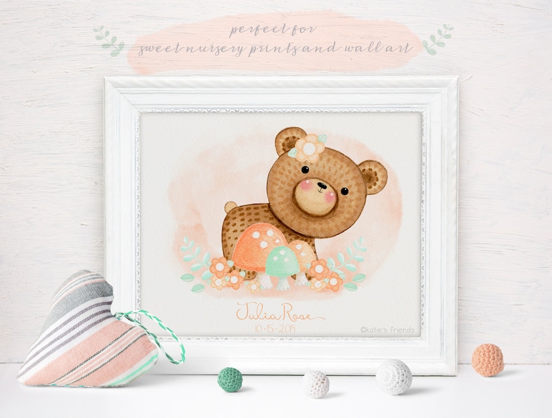 May include: A watercolor illustration of a brown bear with a flower crown, sitting on a mushroom. The bear is surrounded by pink and green flowers. The text "Julia Rose" and "03.05.2020" is written below the bear. The text "Ollie's Friends" is written in the bottom right corner.