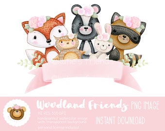 Woodland Animals PNG, Floral Forest Animals Sublimation Design, Girl Baby Shower, Cute Watercolor Animals, Forest Animals Clipart