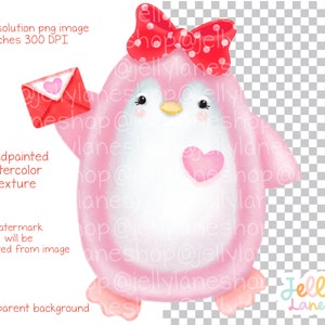 Op de afbeelding: Een roze pingu&iuml;n met een rode strik en een rode envelop met een hart erop. De pingu&iuml;n houdt de envelop in zijn rechtervleugel. De achtergrond is transparant.