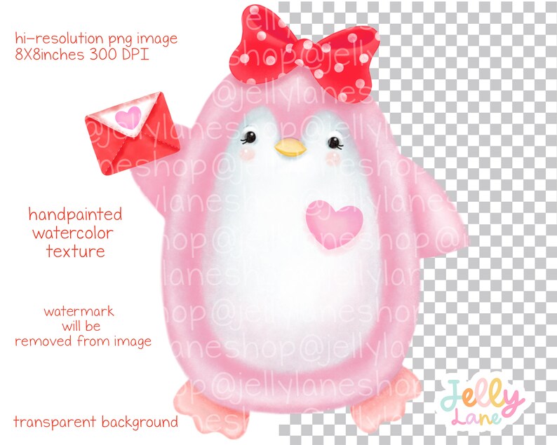 Op de afbeelding: Een roze pingu&iuml;n met een rode strik en een rode envelop met een hart erop. De pingu&iuml;n houdt de envelop in zijn rechtervleugel. De achtergrond is transparant.