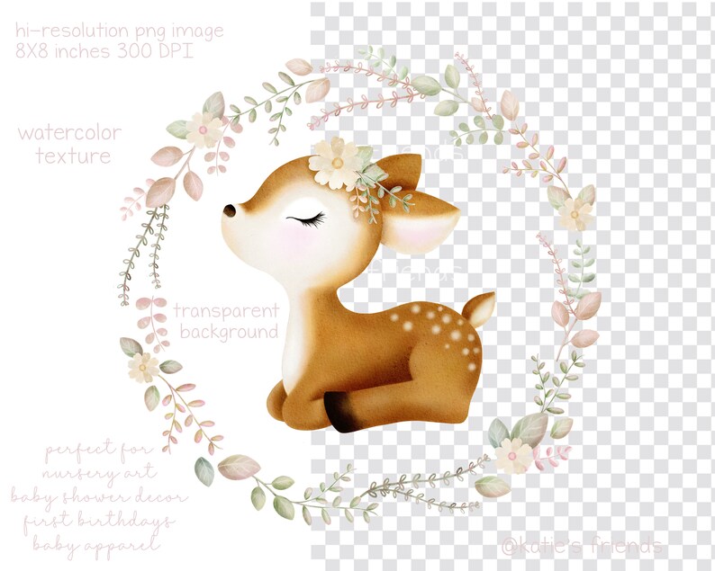 Pu&ograve; includere: Un'illustrazione ad acquerello di un cerbiatto con gli occhi chiusi, seduto in una ghirlanda di fiori rosa e verdi. Il cerbiatto ha una pelliccia marrone con macchie bianche e una corona di fiori bianchi. Lo sfondo &egrave; trasparente.