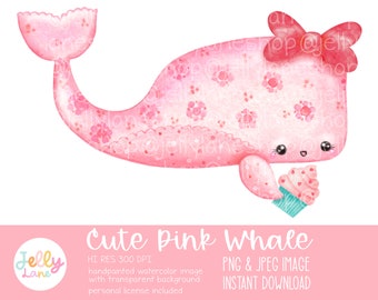 Pink Whale Png, Cute Valentines Clipart, Girly Whale Sublimation, Watercolor Whale JPEG, Printable Whale Illustration, Girl Nursery Art