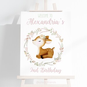 Pu&ograve; includere: Un cartello bianco con una ghirlanda di fiori rosa e un dolce cervo al suo interno. Il cartello dice "Benvenuti al 2&deg; compleanno di Alexandria" con un design floreale verde e rosa.