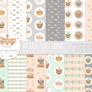 Papel digital de animales tribales, álbum de recortes de animales del bosque, papel de álbum de recortes digital boho, decoración de guardería, baby shower boho