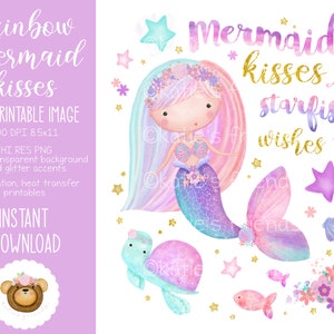 Rainbow Mermaid Clipart, Mermaid Sublimation Design, Mermaid Kisses and Starfish Wishes, Cute Mermaid PNG, Under The Sea, Mermaid Party