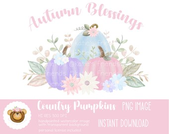 Pastel Pumpkin PNG, Watercolor Pumpkin Clipart, Pumpkins and Flowers, Autumn Wedding, Fall Baby Shower, Pink and Blue Pumpkin Home Decor