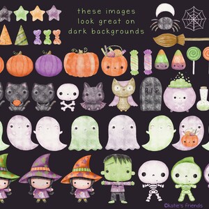 May include: A set of 30 watercolor illustrations featuring Halloween characters and objects. The illustrations include ghosts, pumpkins, bats, witches, skeletons, candy, and more. The text "these images look great on dark backgrounds" is included in the image.