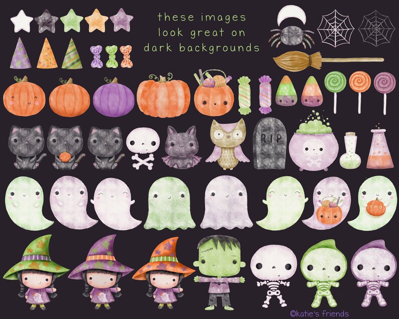 May include: A set of 30 watercolor illustrations featuring Halloween characters and objects. The illustrations include ghosts, pumpkins, bats, witches, skeletons, candy, and more. The text "these images look great on dark backgrounds" is included in the image.