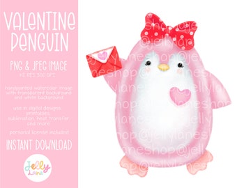 Valentine Penguin Png, Cute Valentines Clipart, Penguin Sublimation Design, Kids Valentine apparel, Watercolor Penguin, Pink Penguin PNG