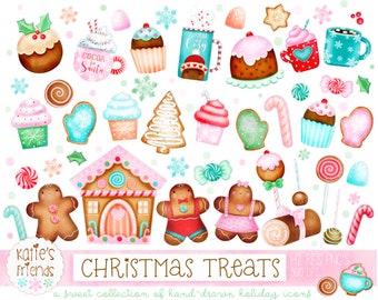 Watercolor Christmas Clipart, Hand-drawn Christmas Sweets, Watercolor Gingerbread House, Digital Christmas Clipart, Sweet Christmas Treats