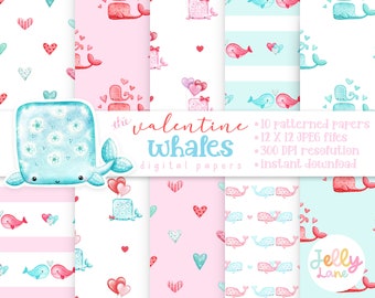 Valentine Whales Digital Papers, Pink and Blue Whale Patterned Papers, Valentines, Instant Download for Invites, Card Making, Scrapbooking