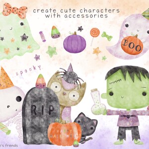 May include: A set of Halloween-themed digital illustrations featuring a ghost, a skeleton, a Frankenstein, a cat, an owl, and a pumpkin. The illustrations are in a watercolor style and have a cute and whimsical feel. The text "create cute characters with accessories" and "spooky" are also included in the image.
