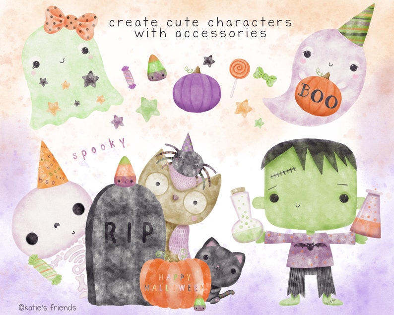 May include: A set of Halloween-themed digital illustrations featuring a ghost, a skeleton, a Frankenstein, a cat, an owl, and a pumpkin. The illustrations are in a watercolor style and have a cute and whimsical feel. The text "create cute characters with accessories" and "spooky" are also included in the image.