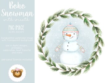 Snowman Png, Cute Snowman Clipart, Snowman Sublimation Design, Boho Snowman, Watercolor Snowman, Snowman Scene, Greeting Card Art