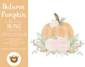 Floral Pumpkin PNG, Watercolor Pumpkin Clipart, Pumpkin and Roses, Autumn Wedding, Fall Baby Shower, Pumpkin 1st Birthday