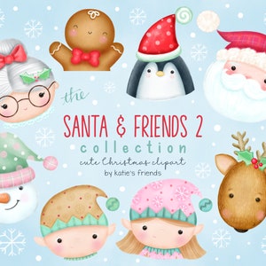 Clipart de Papai Noel e amigos, clipart de personagens de Natal, rosto de Papai Noel PNG, Papai Noel e Sra. Noel, Elfos, boneco de neve, pinguim, arte de cartão de Natal