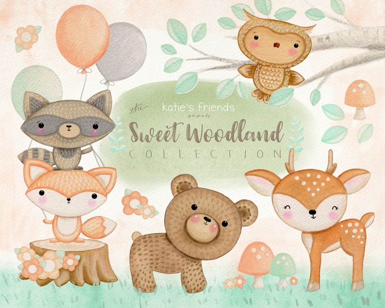 May include: A set of watercolor illustrations featuring woodland animals, including a raccoon, fox, bear, and deer. The illustrations are in a cute, cartoon style and are perfect for use in digital scrapbooking, card making, or other craft projects. The text "Sweet Woodland Collection" is also included in the image.