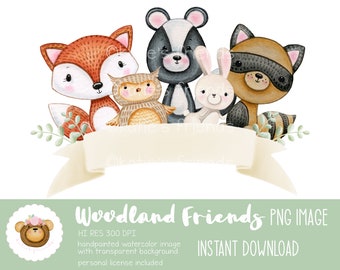 Woodland Animals PNG, Forest Animals Sublimation Design, Baby Shower neutre en termes de genre, Aquarelle d’animaux, Forest Animals Clipart