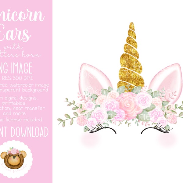 Unicorn Ears PNG, Gold Unicorn Horn, Watercolor Unicorn Clipart, Floral Unicorn, Baby Shower Clipart, Printable Unicorn, Unicorn Birthday