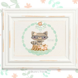 May include: A framed illustration of a cute raccoon wearing a flower crown and sitting on a tree stump. The raccoon is surrounded by green leaves and flowers. The text "Thank you friends!" is written in the bottom right corner of the image.