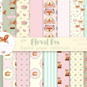 Woodland Scrapbook Paper Set, Fox Paper, Floral Paper, Watercolor Floral Paper, Patterned Papers, Woodland Nursery, Woodland Baby Shower