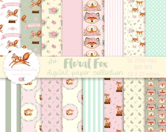 Woodland Scrapbook Paper Set, Fox Paper, Floral Paper, Watercolor Floral Paper, Patterned Papers, Woodland Nursery, Woodland Baby Shower