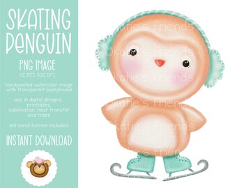 Cute Penguin Png, Pastel Penguin Clipart, Penguin Sublimation Design, Skating Penguin, Watercolor Penguin, Peach and Mint