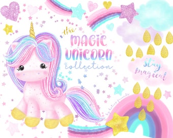 Rainbow Unicorn Clipart, Watercolor Unicorns and Rainbows, Magical Unicorn Graphics, Glitter Hearts and Stars, Pastel Unicorn Nursery Art,