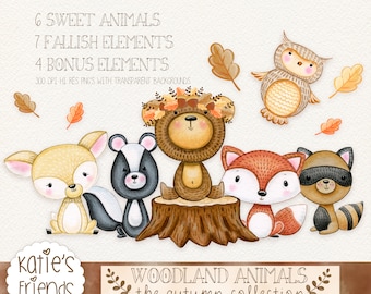 Autumn Woodland Animals Clipart, Forest Animal Clip Art, Woodland Animal Nursery Art, Hand Painted Fall Elements