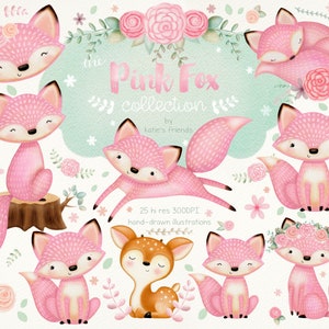 Pink Fox Clipart, Woodland Fox, Girly Fox Clipart, Girl Baby Shower Clipart, Aquarelle Florals, Animaux de forêt peints à la main