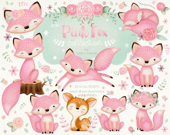 Pink Fox Clipart, Woodland Fox, Girly Fox Clipart, Girl Baby Shower Clipart, Acquerello Floreali, Animali della foresta dipinti a mano