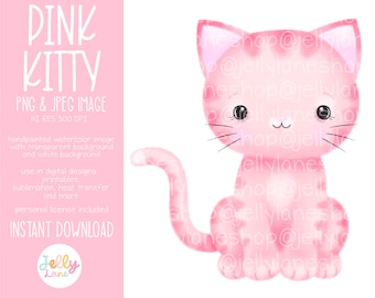 Pink Kitty Png, Cute Kitten Clipart, Kitty Sublimation Design, Watercolor Kitty, Printable Cat, Pink Kitty Cat, Cat Lover, Girl Nursery Art