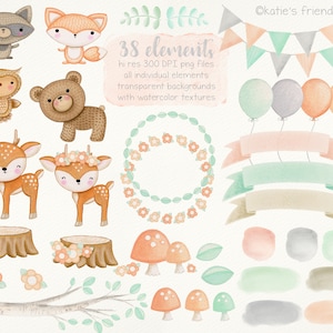 May include: A set of 38 watercolor illustrations featuring woodland animals, floral elements, and party decorations. The illustrations include a raccoon, fox, owl, bear, deer, mushrooms, leaves, flowers, a wreath, banners, balloons, and ribbons. The illustrations are in a soft, pastel color palette and have a whimsical, hand-painted style.