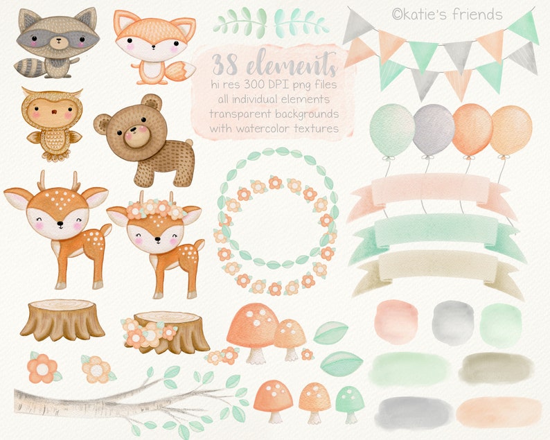 May include: A set of 38 watercolor illustrations featuring woodland animals, floral elements, and party decorations. The illustrations include a raccoon, fox, owl, bear, deer, mushrooms, leaves, flowers, a wreath, banners, balloons, and ribbons. The illustrations are in a soft, pastel color palette and have a whimsical, hand-painted style.
