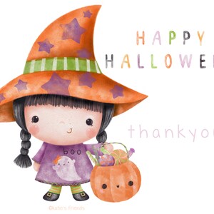 May include: A cartoon witch with black hair and a purple dress holds a pumpkin with a smiling face. The pumpkin is filled with candy. The witch is wearing a large orange hat with purple stars and a green stripe. The text "HAPPY HALLOWEEN" and "thankyou!" is written in colorful letters.