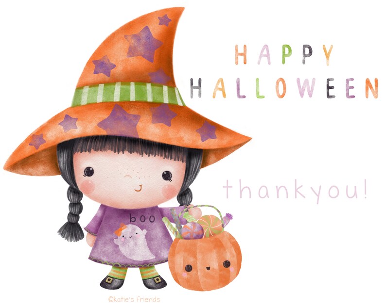 May include: A cartoon witch with black hair and a purple dress holds a pumpkin with a smiling face. The pumpkin is filled with candy. The witch is wearing a large orange hat with purple stars and a green stripe. The text "HAPPY HALLOWEEN" and "thankyou!" is written in colorful letters.