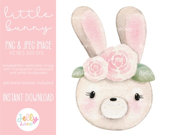 Bunny Face Png, Woodland Animals Clipart, Bunny Sublimation Design, Woodland Baby Shower for Girl, Watercolor Bunny with Flowers, Easter PNG