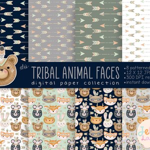 Puede incluir: Una colección de papel digital con caras de animales tribales y patrones de flechas. La colección incluye 8 papeles estampados, 30,5 x 30,5 cm, 300 DPI de resolución y está disponible para descarga instantánea.