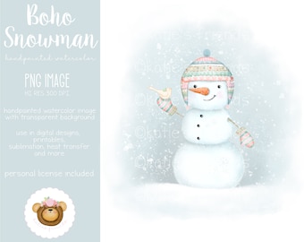 Snowman Png, Cute Snowman Clipart, Snowman Sublimation Design, Boho Snowman, Watercolor Snowman, Snowman Scene, Greeting Card Art