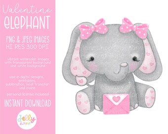 Valentine Elephant Clipart, Cute Elephant Png, Valentine Sublimation Design, Elephant Baby Shower, Girl Elephant, Printable Elephant