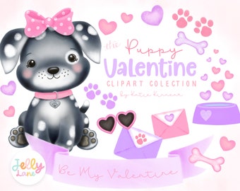 Cute Valentines Clipart, Puppy Valentines, Puppy Png, Valentines Day Watercolor Clipart, Printable Valentine Art, Pink and Purple Clipart