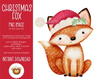 Christmas Fox PNG, Santa Fox Sublimation Design, Watercolor Fox Clipart, Winter Baby Shower, Woodland Nursery Decor, Woodland Fox Clipart