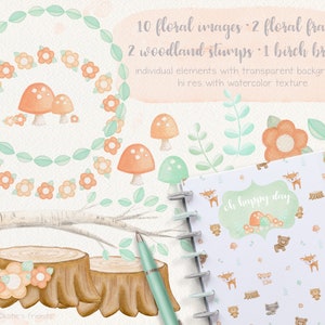 May include: Watercolor illustrations of woodland elements, including floral wreaths, mushrooms, tree stumps, and a birch branch. The illustrations are in shades of green, orange, and brown. The text "oh happy day" is included in a floral wreath.
