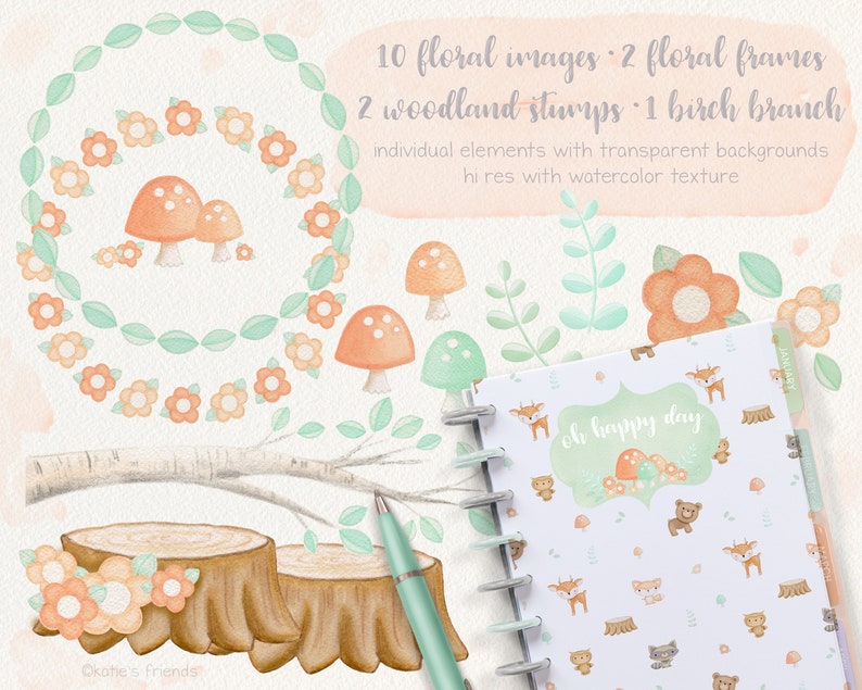 May include: Watercolor illustrations of woodland elements, including floral wreaths, mushrooms, tree stumps, and a birch branch. The illustrations are in shades of green, orange, and brown. The text "oh happy day" is included in a floral wreath.
