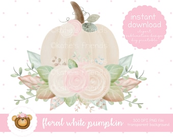 White Pumpkin Sublimation Design, Floral Pumpkin PNG, Watercolor Pumpkin Clipart, Pumpkin and Flowers Heat Transfer, Fall Wedding Clipart