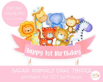 Printable Baby Jungle Animals Cake Topper, Safari 1st Birthday, Safari Animals Cake Topper for Girl, DIY First Birthday, Safari Centerpiece
