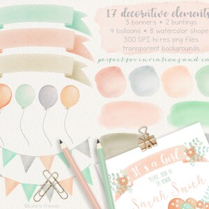 May include: A set of 17 watercolor illustrations for invitations and cards. The set includes banners, buntings, balloons, and watercolor shapes in shades of peach, mint green, and gray. The text "It's a Girl" is included in the set.