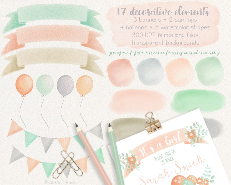 May include: A set of 17 watercolor illustrations for invitations and cards. The set includes banners, buntings, balloons, and watercolor shapes in shades of peach, mint green, and gray. The text "It's a Girl" is included in the set.