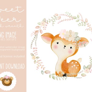 Cervo carino PNG, Clipart floreale del cervo, Illustrazione del cervo ad acquerello, Arte del vivaio degli animali del bosco, Sublimazione del cervo, Baby shower del bosco